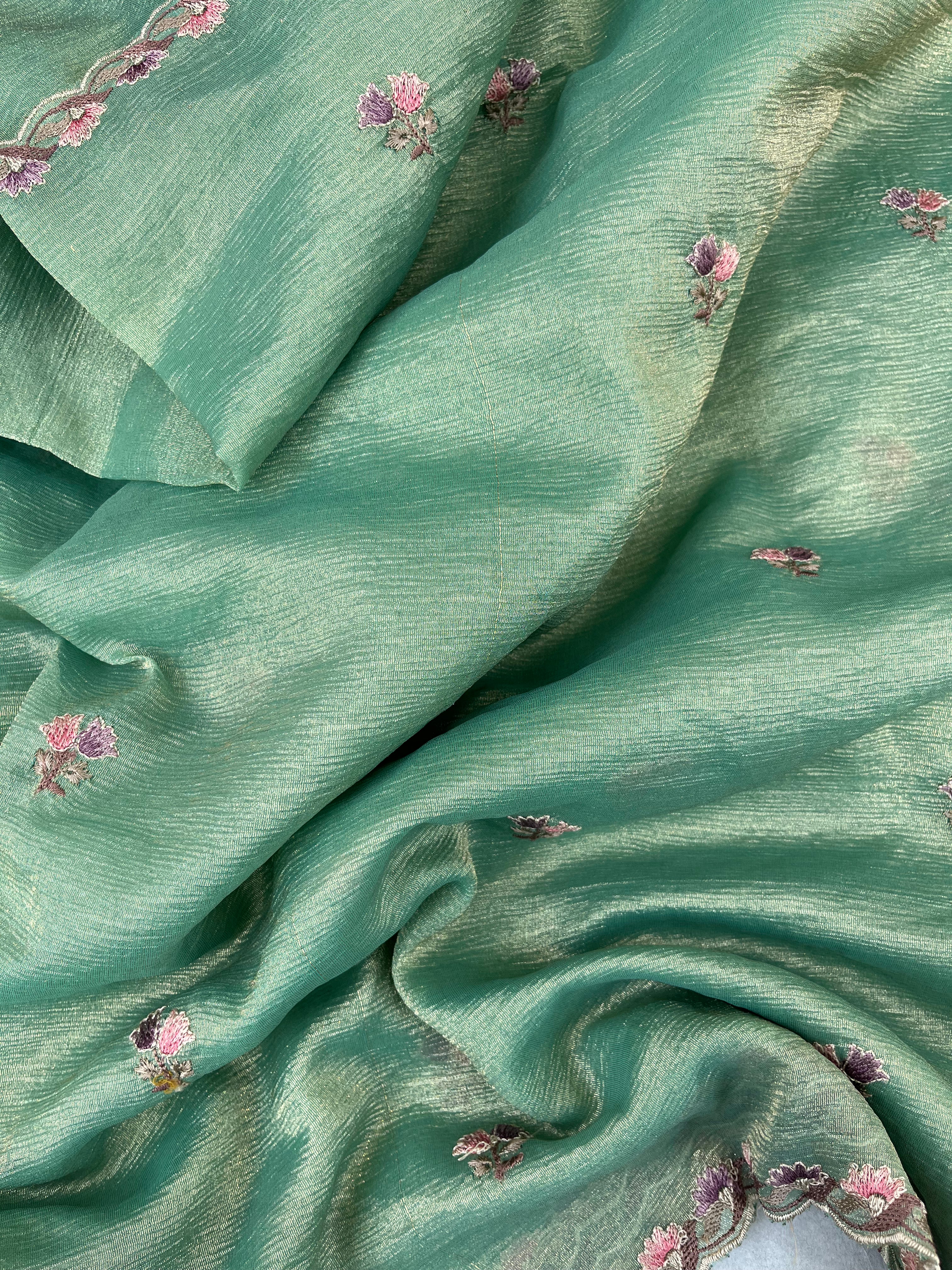 Turquoise Blue Floral Crushed Tissue Organza Saree